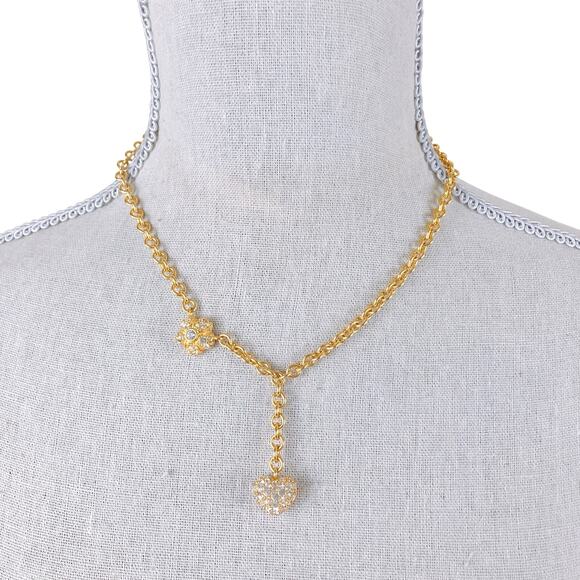 Vintage Gold Tone Pavé Heart Y Necklace with Crystal Floral Station - Picture 2 of 11